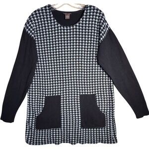 Elliott Lauren Houndstooth Cotton Cashmere Knit Tunic Sweater Sz L Patch Pockets